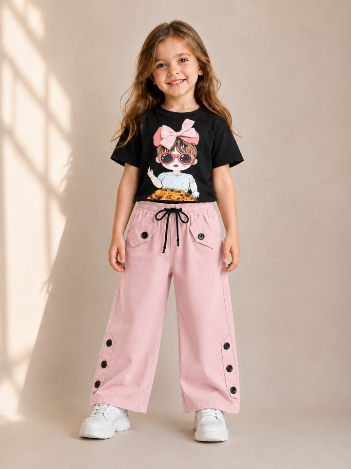 Girls Pink Bow Graphic Co-ord Set [GCS-3E-1467] (3-12Years)