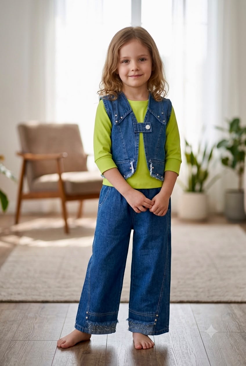 Girls Designer 3 Piece Neon Green Denim Co-Ord Set [GCS-6B-7009] (4-12Years)