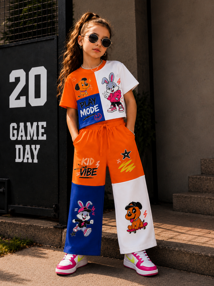 Girl's Funky Colorblock Wide-Leg Co-Ord Set [GCS-1J-6418] (3-12Years)