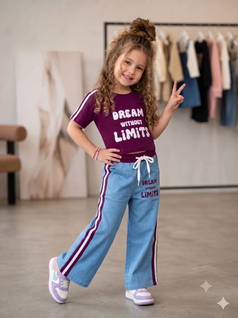 Girl's Causal Wine Co-Ord Set With Soft Denim Bottom [GCS-5060](3-12 Years)
