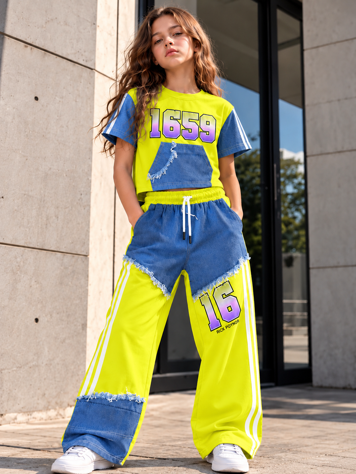Girls Denim Drip Neon Green Streetwear Co-Ord Set [GCS-5K-1407] (4-12Years)