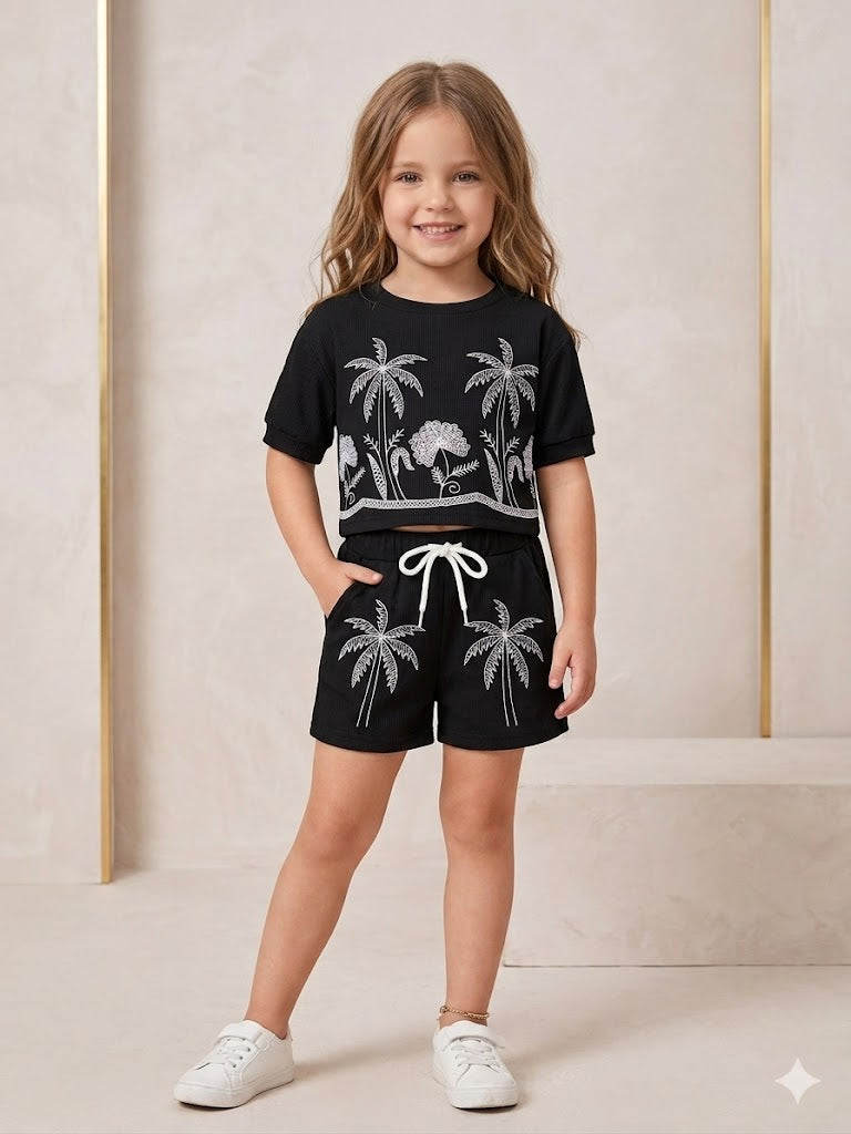 Girls Black Printed Summer Shorts Co-Ord Set [GCS-7895] (4-12 Years)