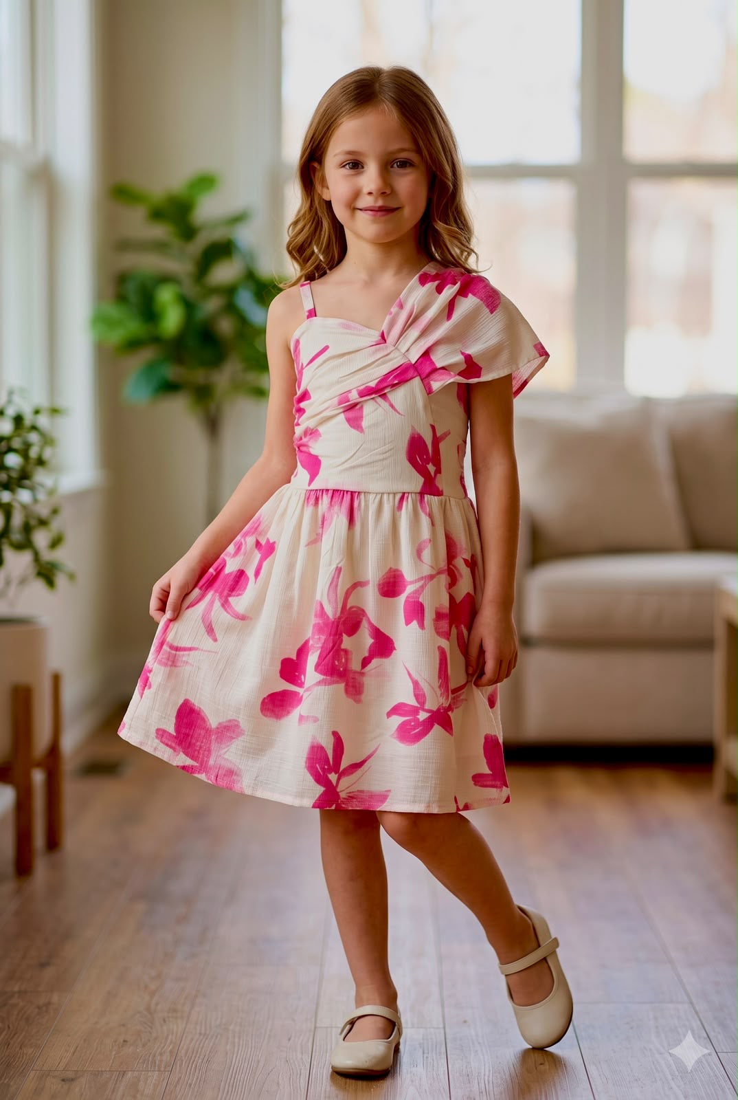 Girls Rosy Bloom One Shoulder Floral Dress [GD-5F-1590] (4-12 Years)