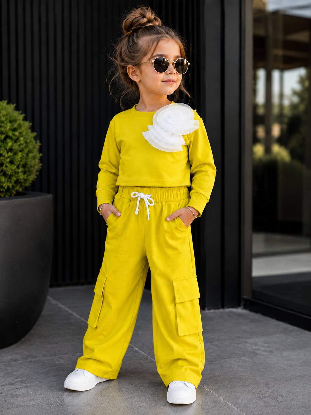 Girls Casual Flower Mustard Yellow Co-Ord Set [GCS-2317] 4-12 Years)
