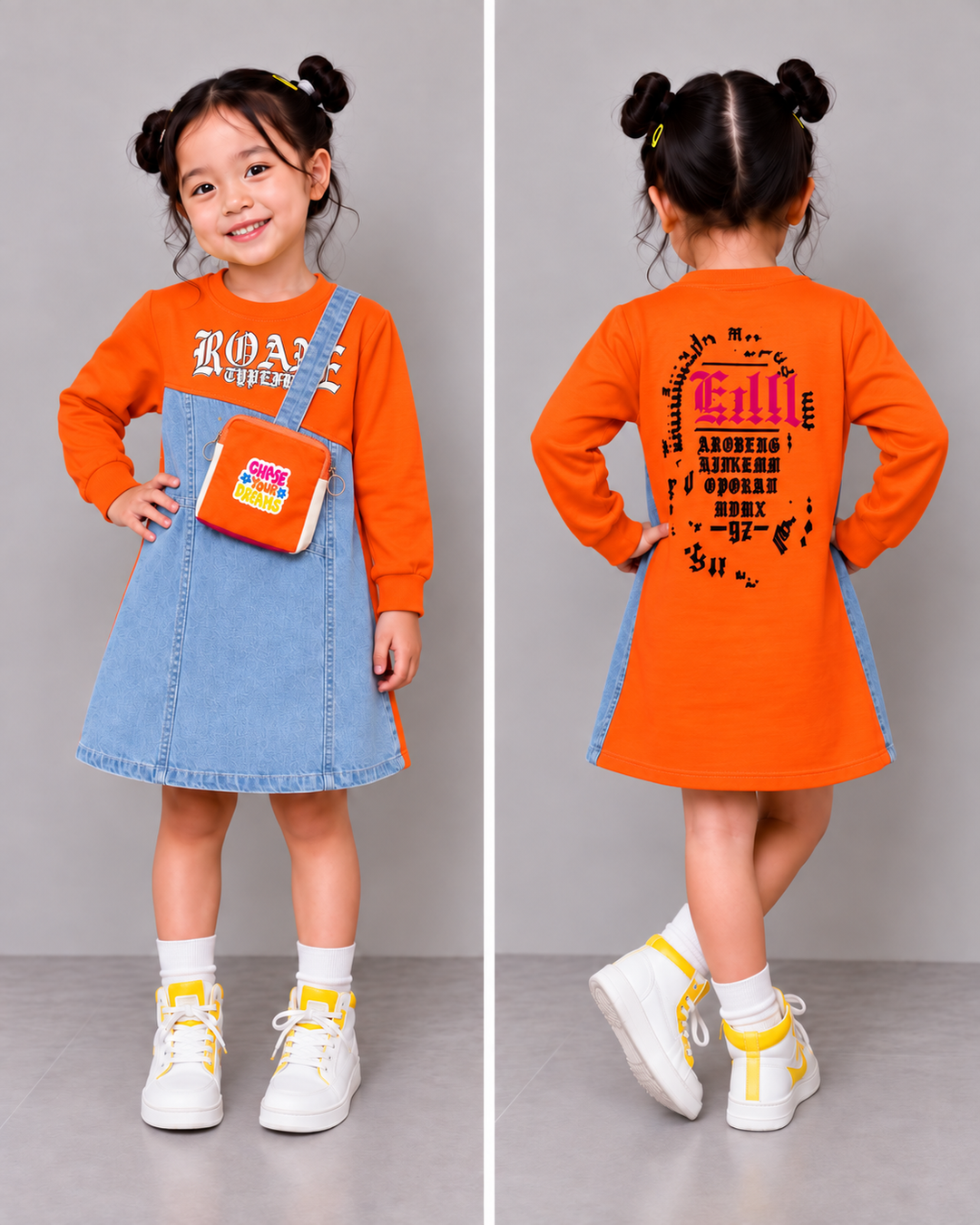 Girls Orange Denim Dress With Back Print [GD-4A-1436] (3-11 Years)