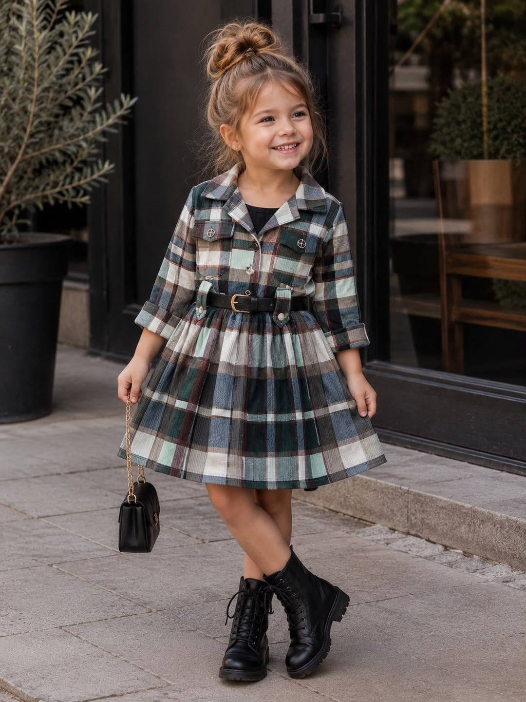 Girl's Checked Dress with Belt [GD-5B-1879] (4-12Years)