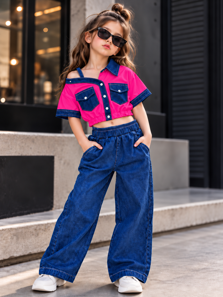 Girls Hot Pink Down Shoulder Denim Co-Ord Set [GCS-4C-5661] (4-12 Years)