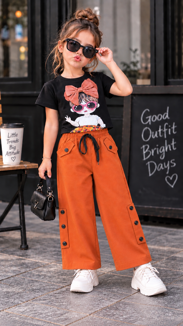 Girls Rust Bow Graphic Co-ord Set [GCS-5E-7844] (3-12Years)