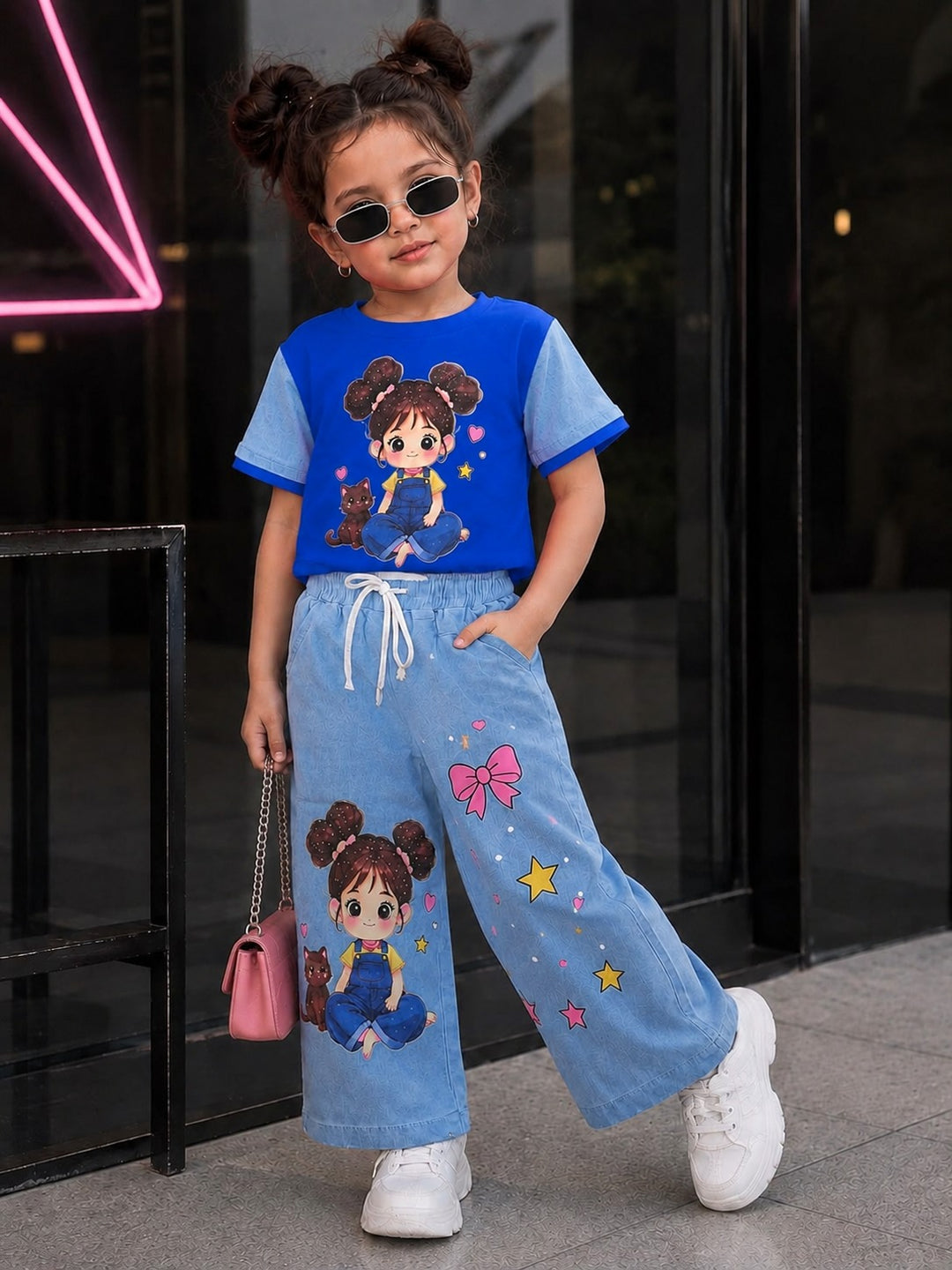 Girl's Royal Blue Cartoon Denim Co-Ord Set [GCS-2H-4890] (2-11 Years)