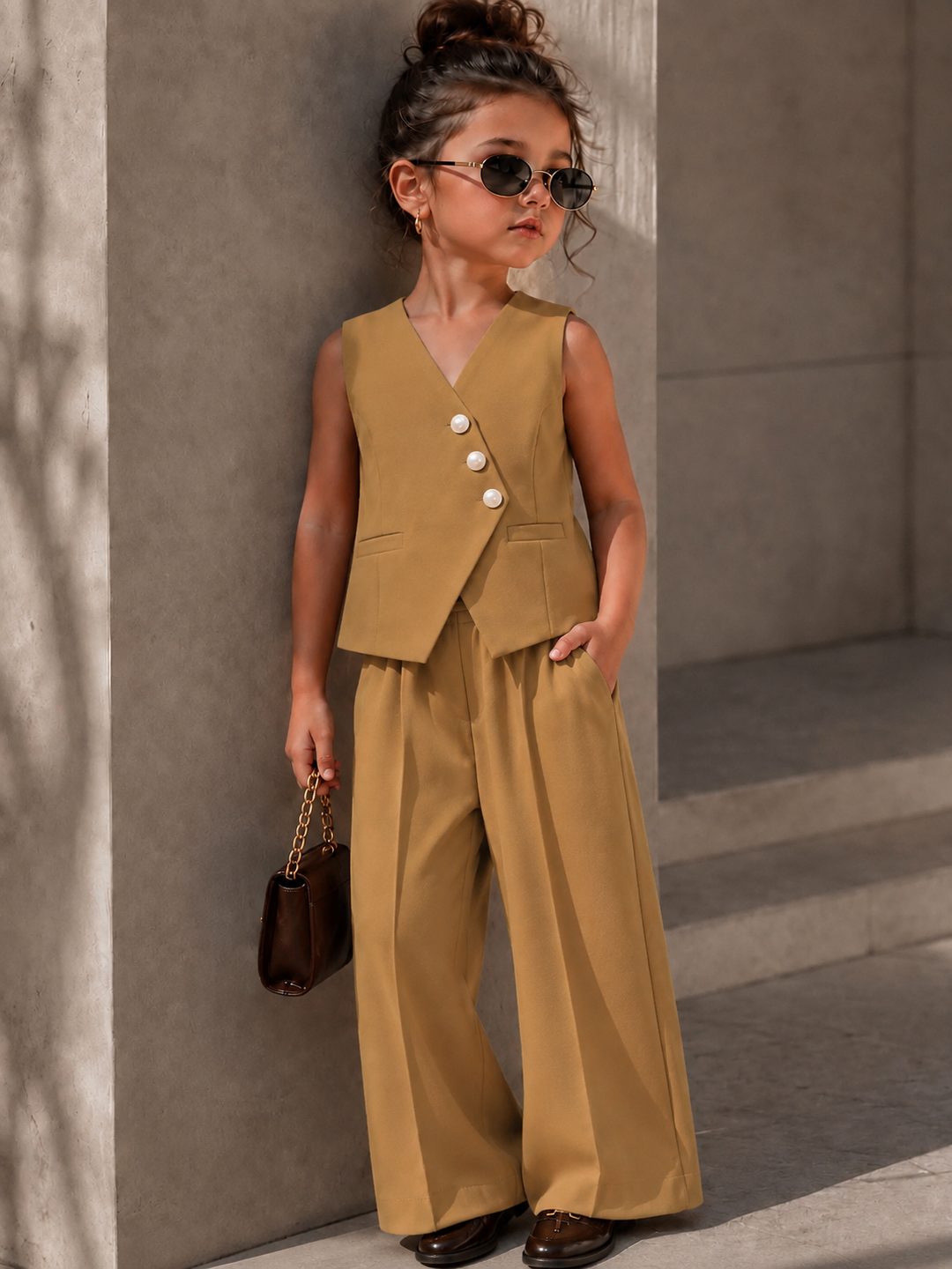 Girls Imported Brown Waist Coat Co-ord Set [GCS-4F-6542] (4-12 Years)