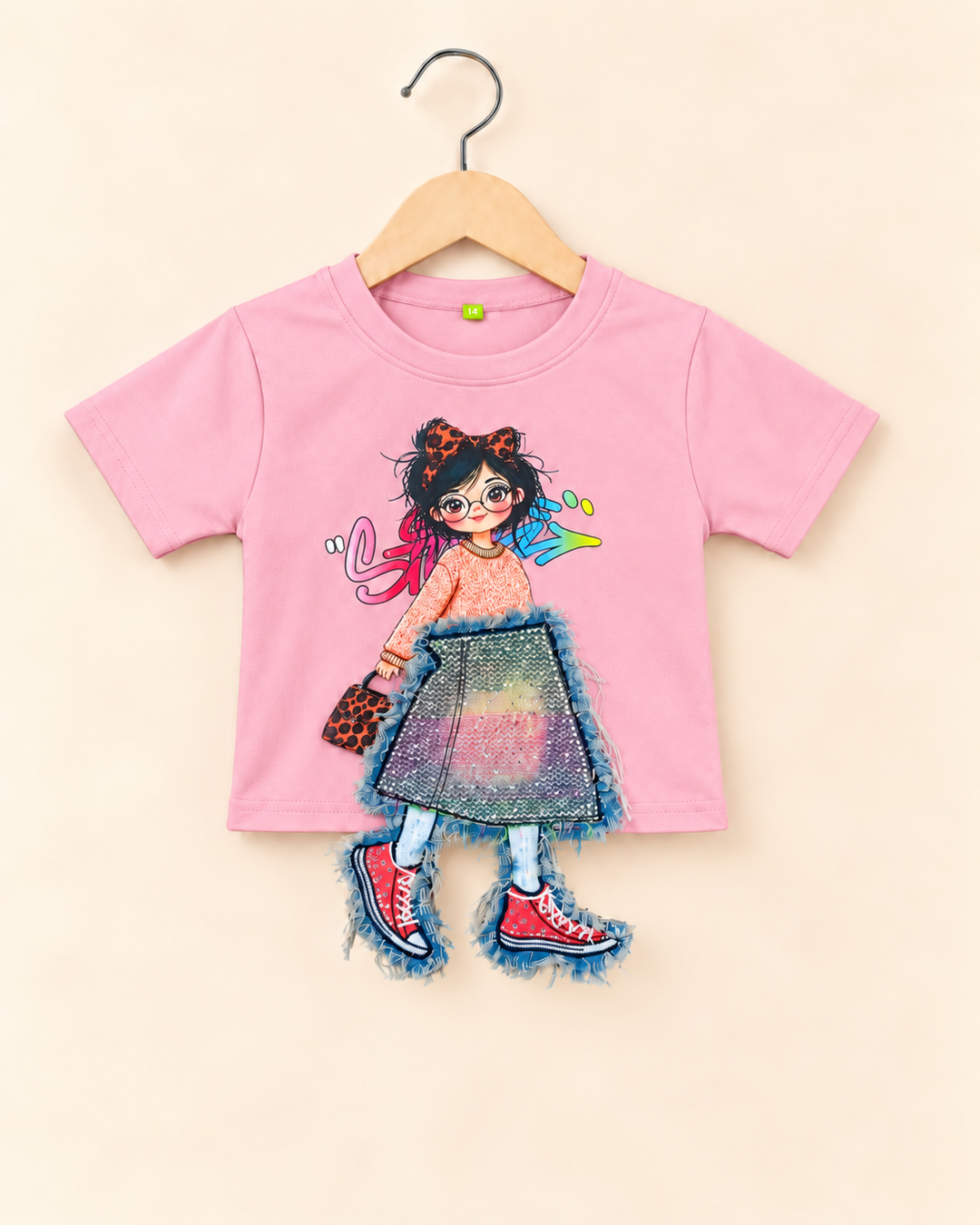 Girls Baby Pink 3D Denim Patch T-Shirt [GT-R-3652] [4-12 year]