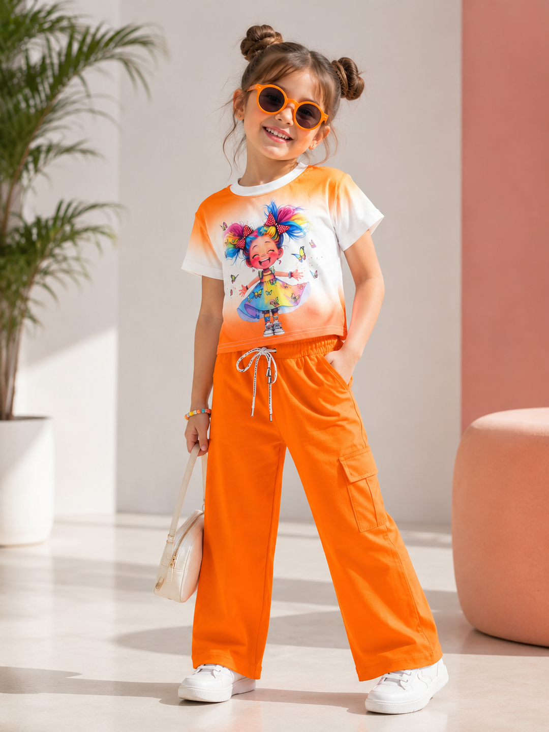 Girls Orange Digital Printed Co-Ord Set [GCS-1G-4652] (4-12 Years)