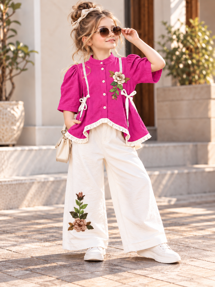 Girls Hot Pink Floral Meadow Co-Ord Set [GCS-3A-9002] (4-12Years)