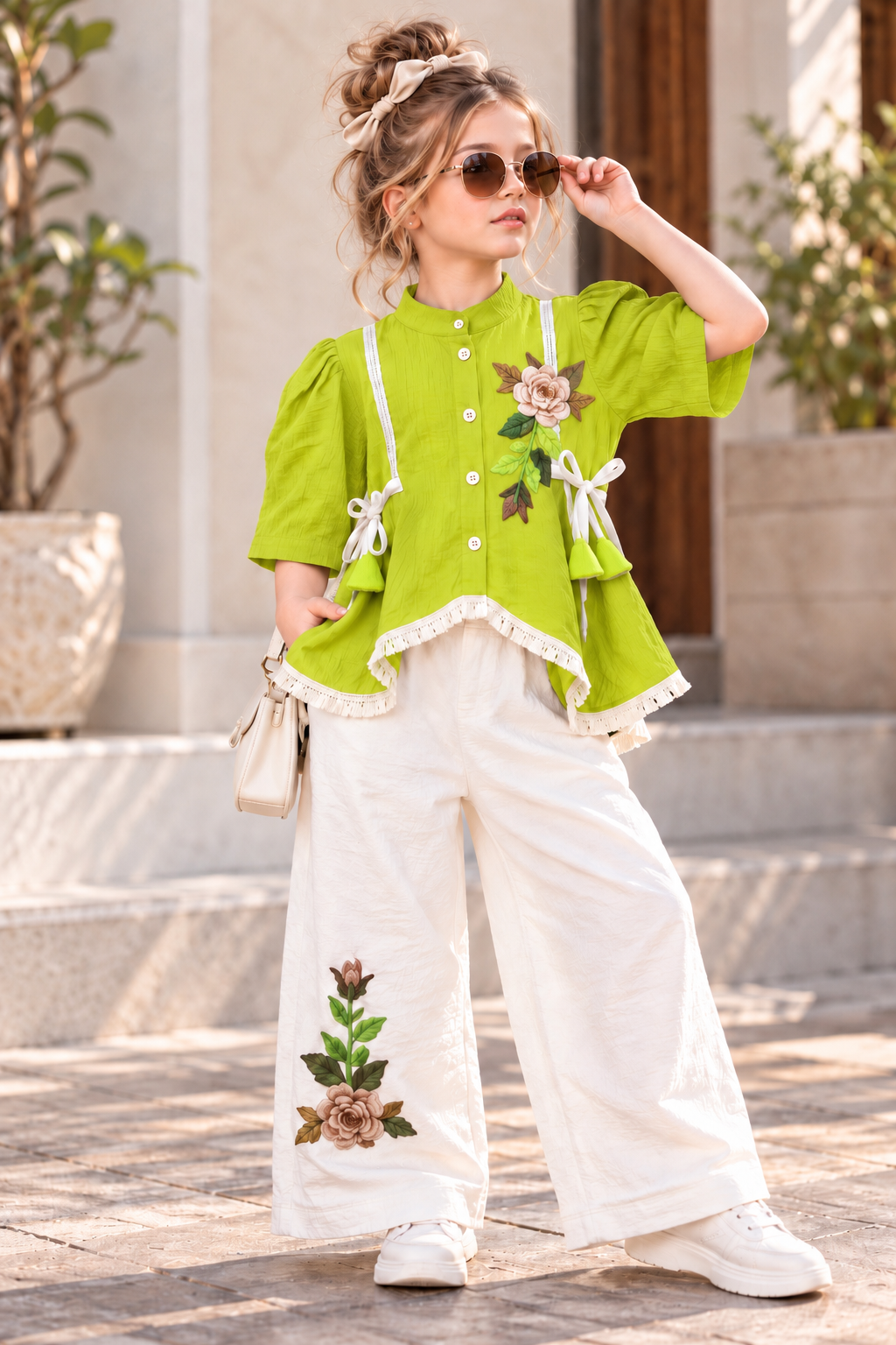 Girls Neon Green Floral Meadow Co-Ord Set [GCS-6A-0111] (4-12Years)