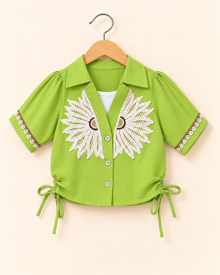 Girls Green Daisy Crochet Shirt With Inner [ONLY TOP] [GT-N-4787] [4-12 Year ]