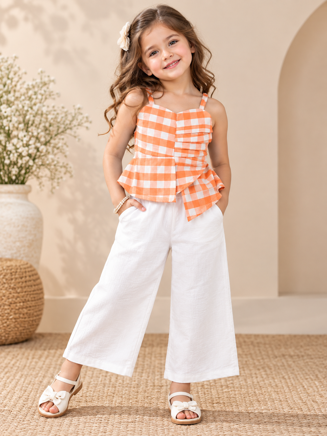 Girl's Checkered Orange Co-Ord Set [GCS-5A-0446] (1-6Years)