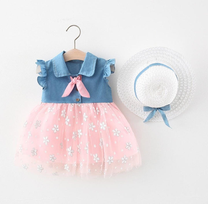 Girls Pink Denim Frock With Hat [GF-6364] (6M - 3 Years)