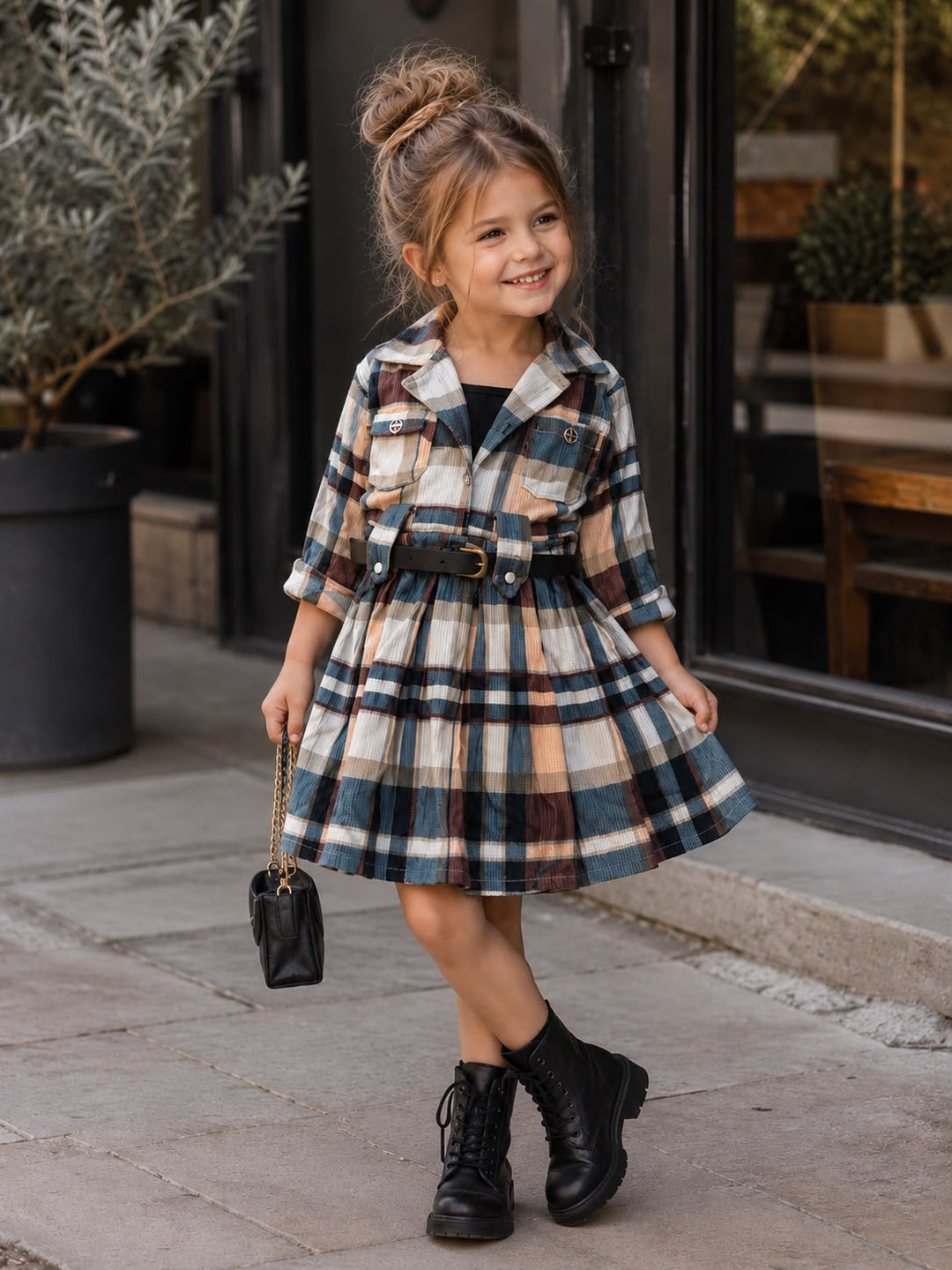 Girl's Checked Dress with Belt [GD-3B-2165] (4-12Years)