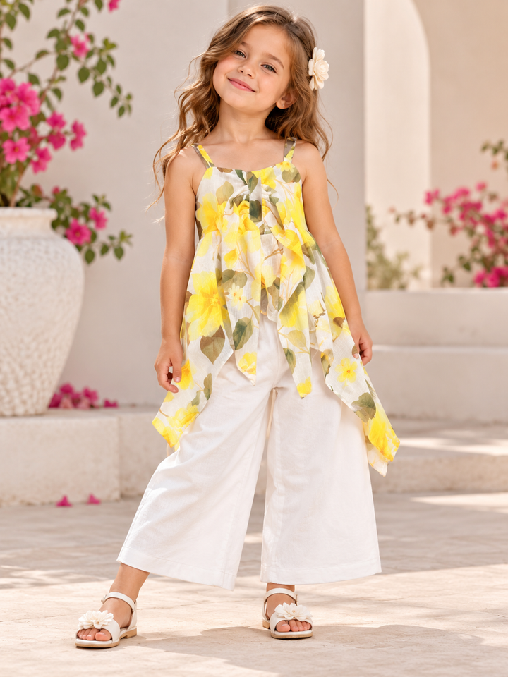 Girls Yellow Floral Palazzo Co-Ord Set [GCS-5A-1180] (4-12 Years)