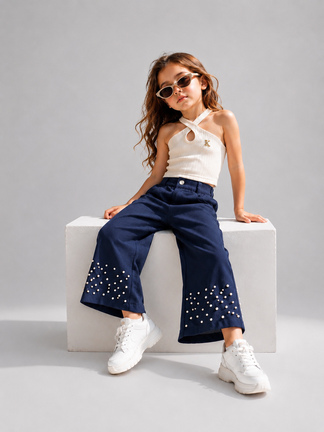 Girls Navy Blue Korean Pearl Embellished Pant [ONLY PANT] [GJ-3D-1481] (4-12Years)