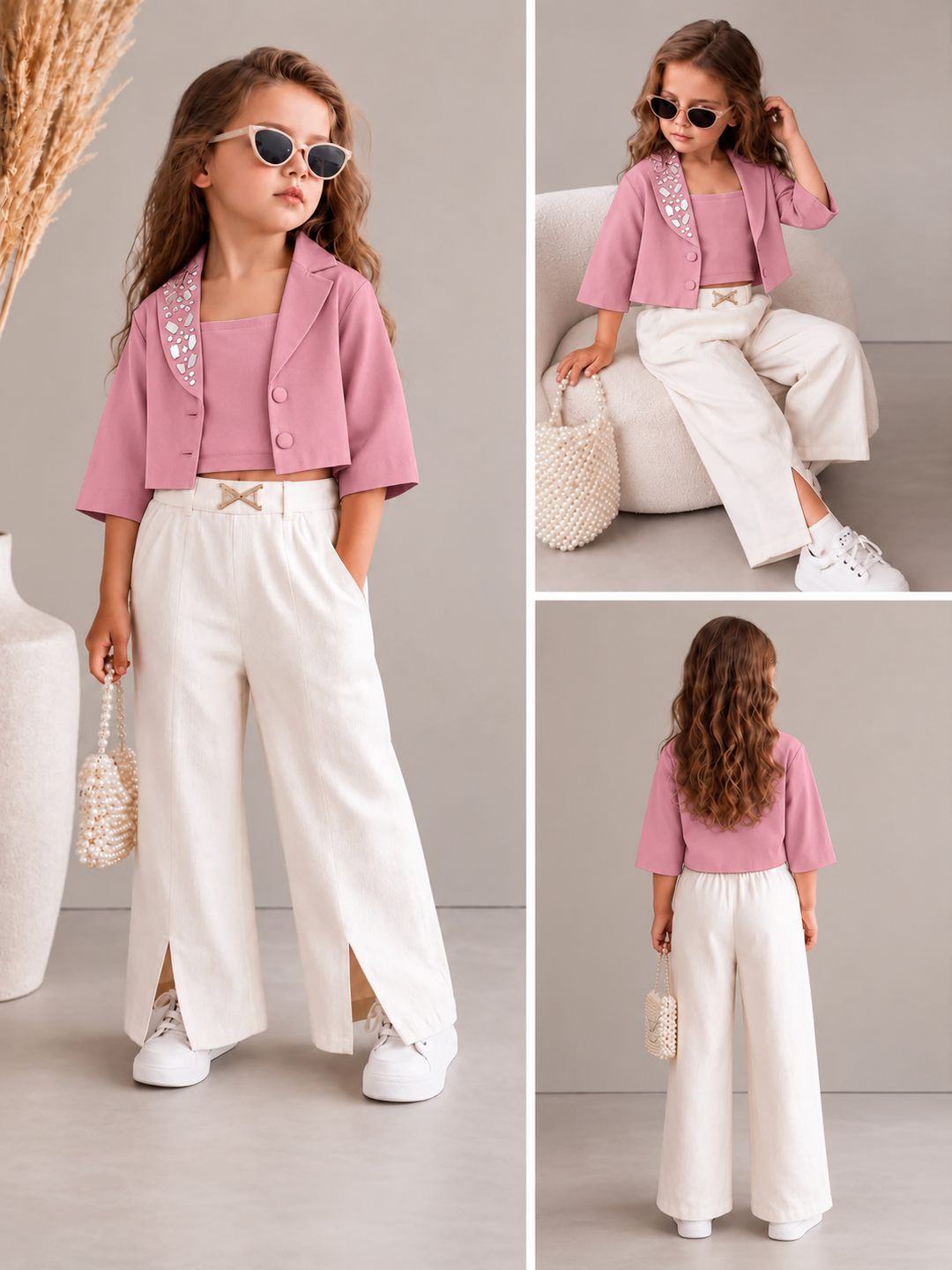 Girls 3 Piece Onion Pink Mirror Work Partywear Co-Ord Set [GCS-3E-5510] (4-12Years)