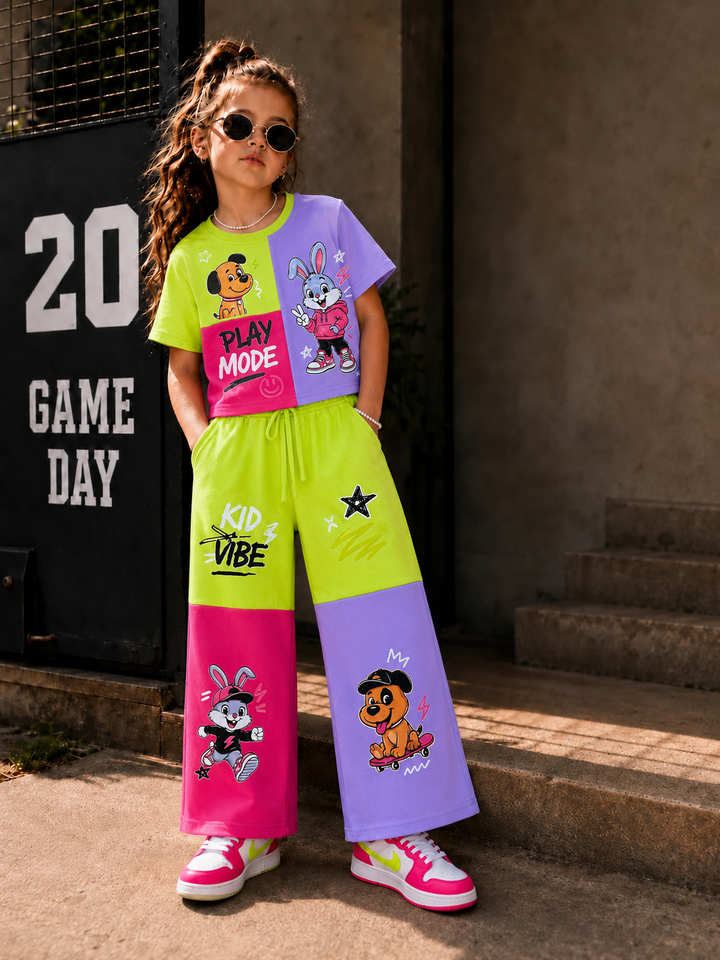 Girl's Funky Colorblock Wide-Leg Co-Ord Set [GCS-6H-2579] (3-12Years)