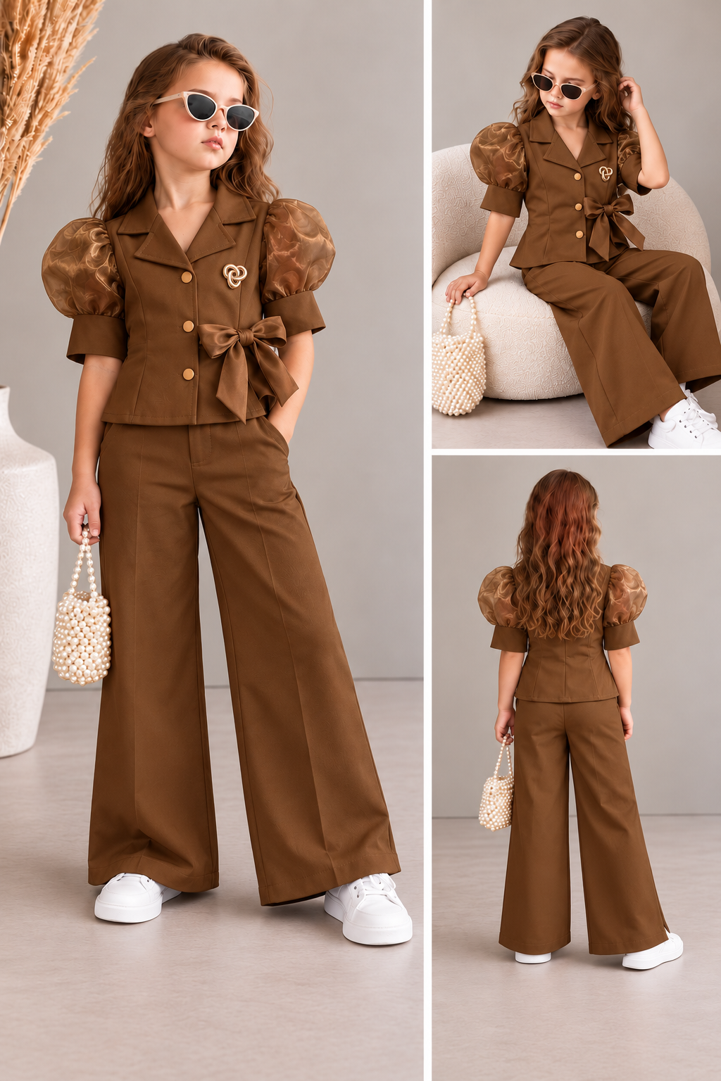 Girls Brown Luxe Puff Sleeves Co-Ord Set [GCS-M-0497] (4-12 Years)