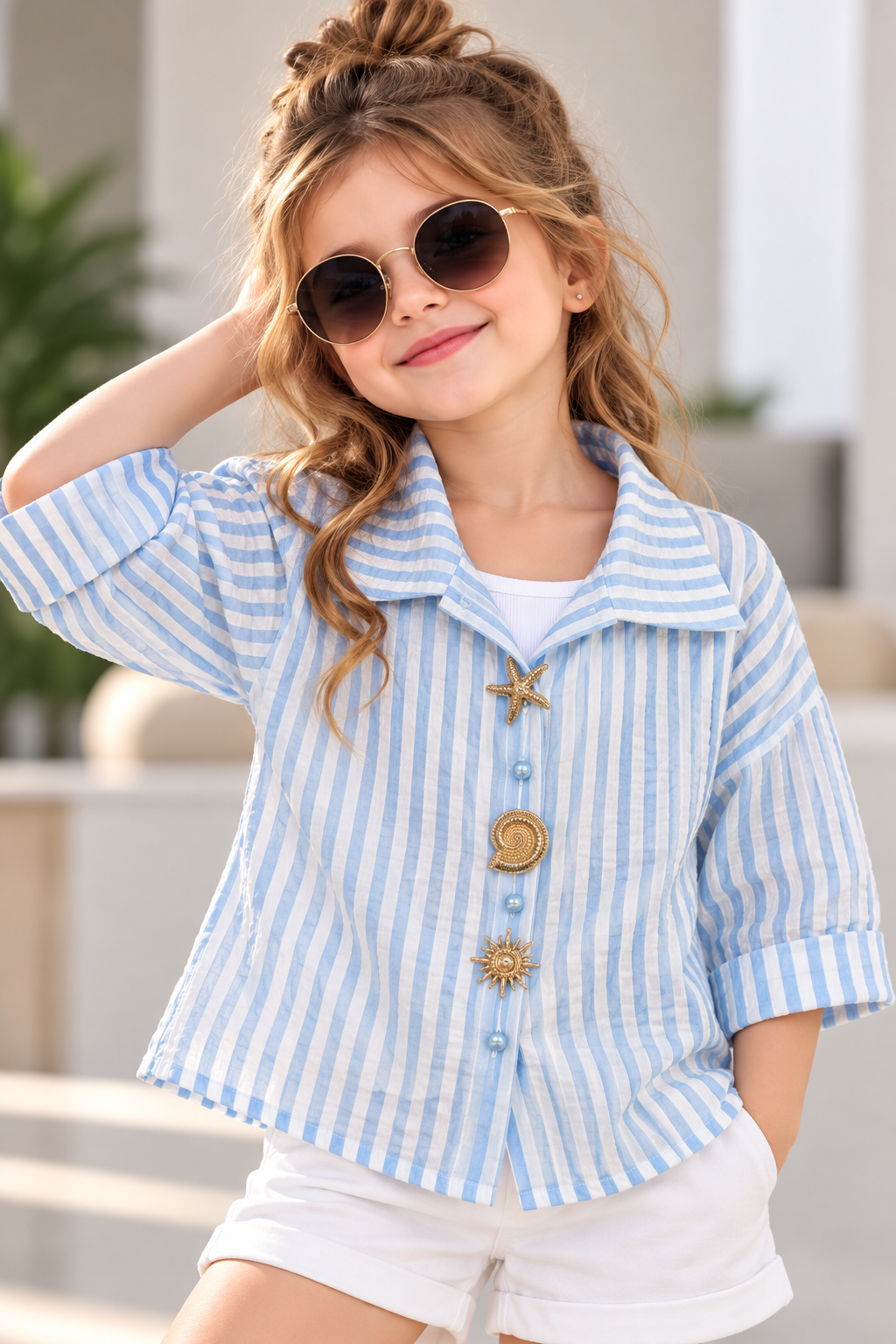 Girl’s Blue Striped Top With Inner [Only Top] [GT-R-6455] [6-16 Year]