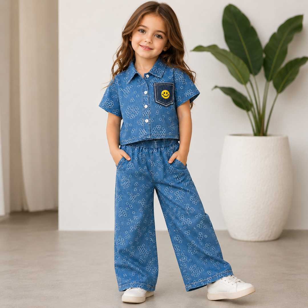 Girls Light Blue Printed Soft Denim Co-Ord Set [GCS-2E-7585] (4-12 Years)
