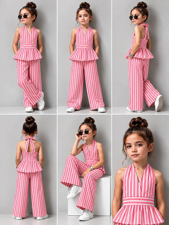 Girls Striped Backless Hot Pink Co-Ord Set [GCS-1C-1146] (4-12 Years)