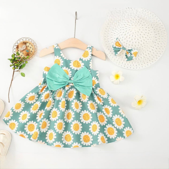 Girls Pista Green Summer Printed Frock With Hat [GF-6360] (3Months - 3 Years)