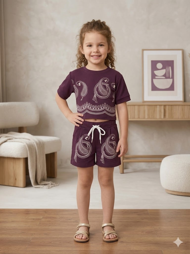 Girls Wine Printed Summer Shorts Co-Ord Set [GCS-5891] (4-12 Years)