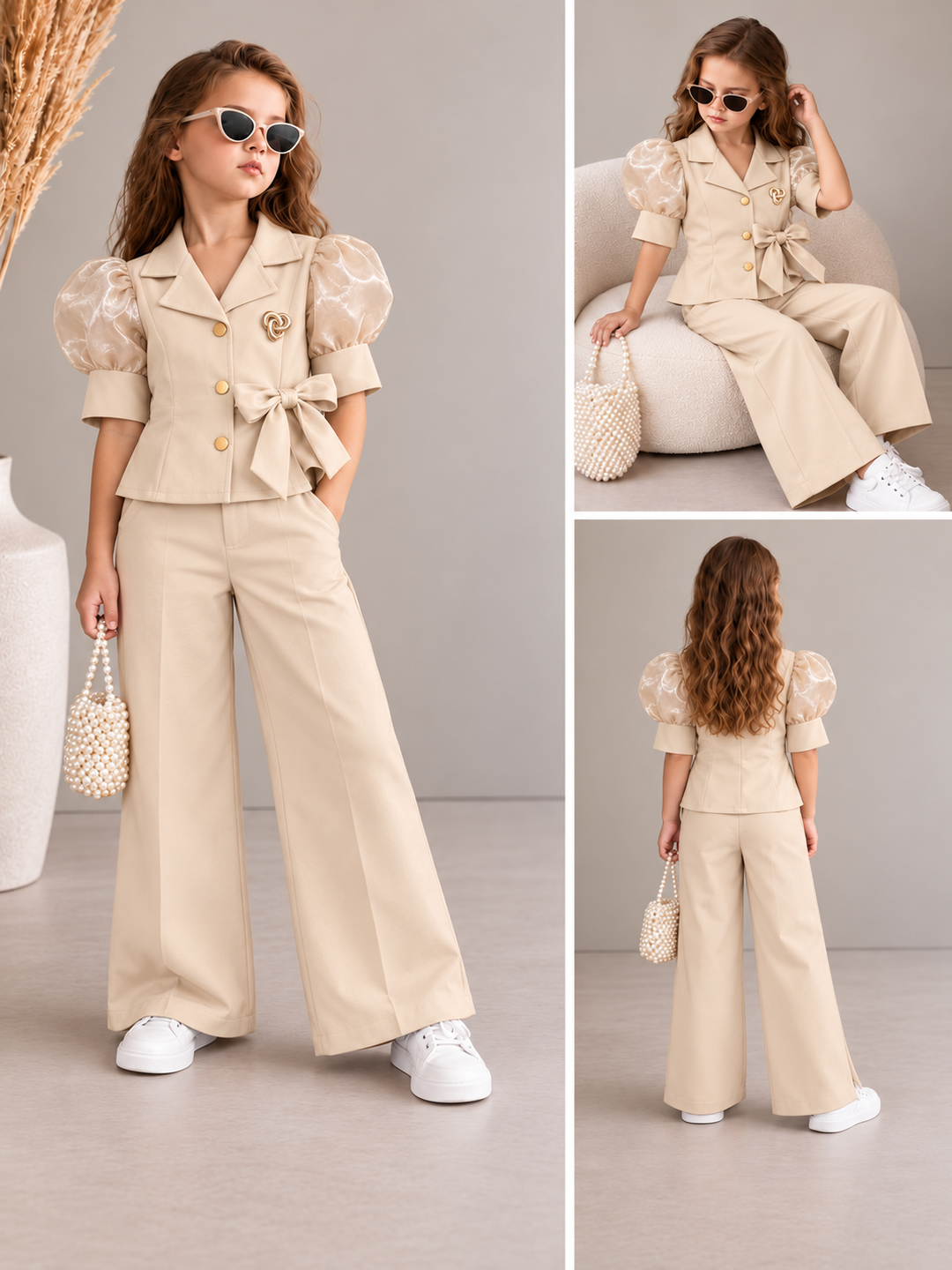 Girls Beige Luxe Puff Sleeves Co-Ord Set [GCS-5K-2498] (4-12 Years)