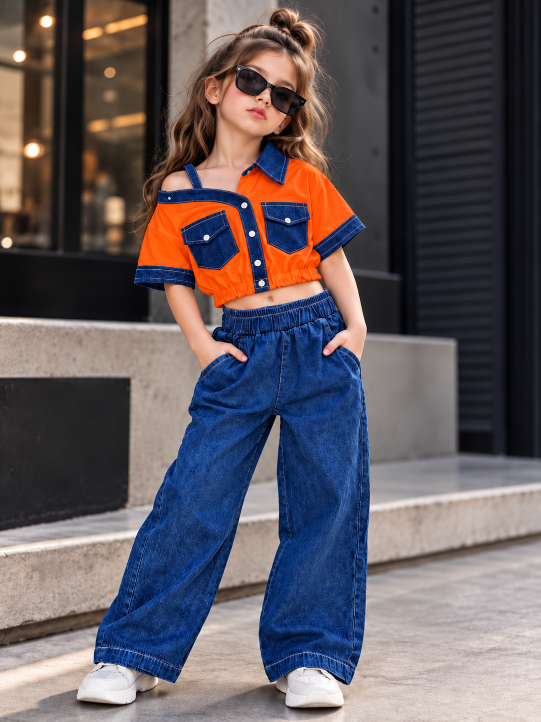 Girls Orange Down Shoulder Denim Co-Ord Set [GCS-6B-8078] (4-12 Years)