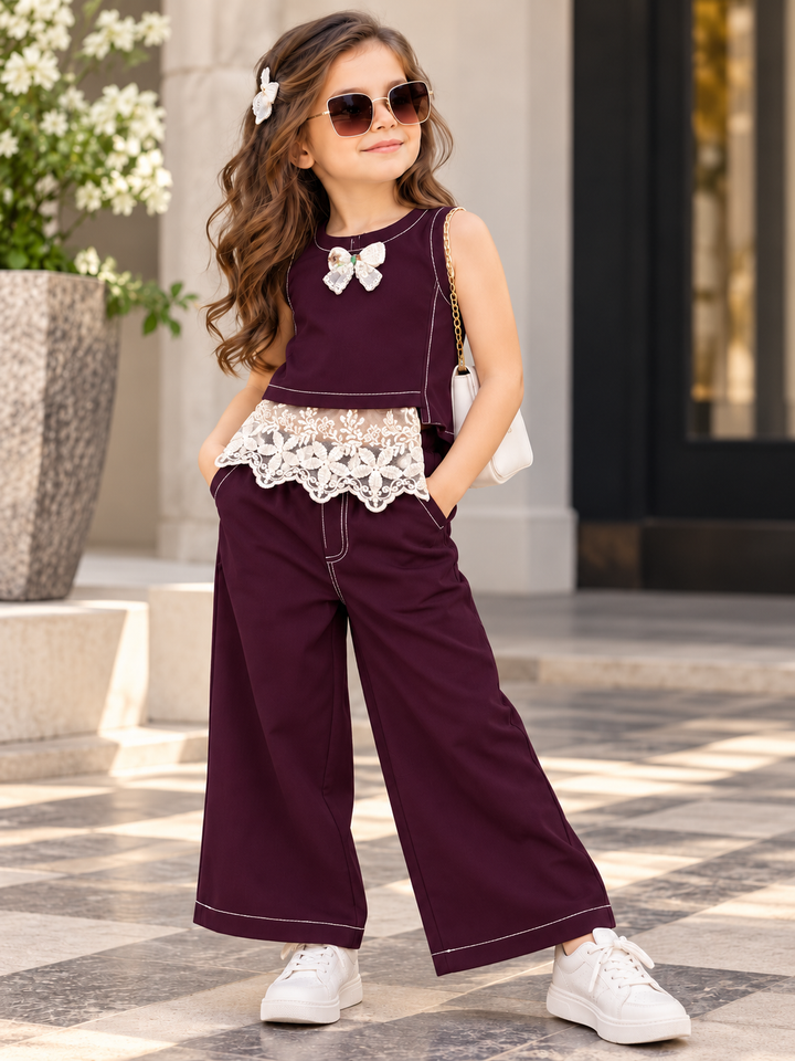 Girls Wine Bloom Lace Co-Ord Set [GCS-3A-0081] (4-12 Years)