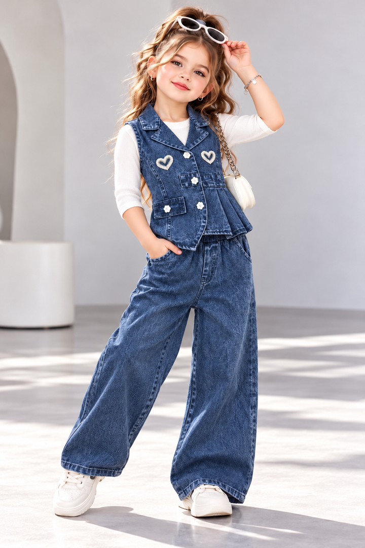 Girl's Pearl Heart 3-Piece Denim Co-Ord Set Set [GCS-1D-3367] (4-12Years)