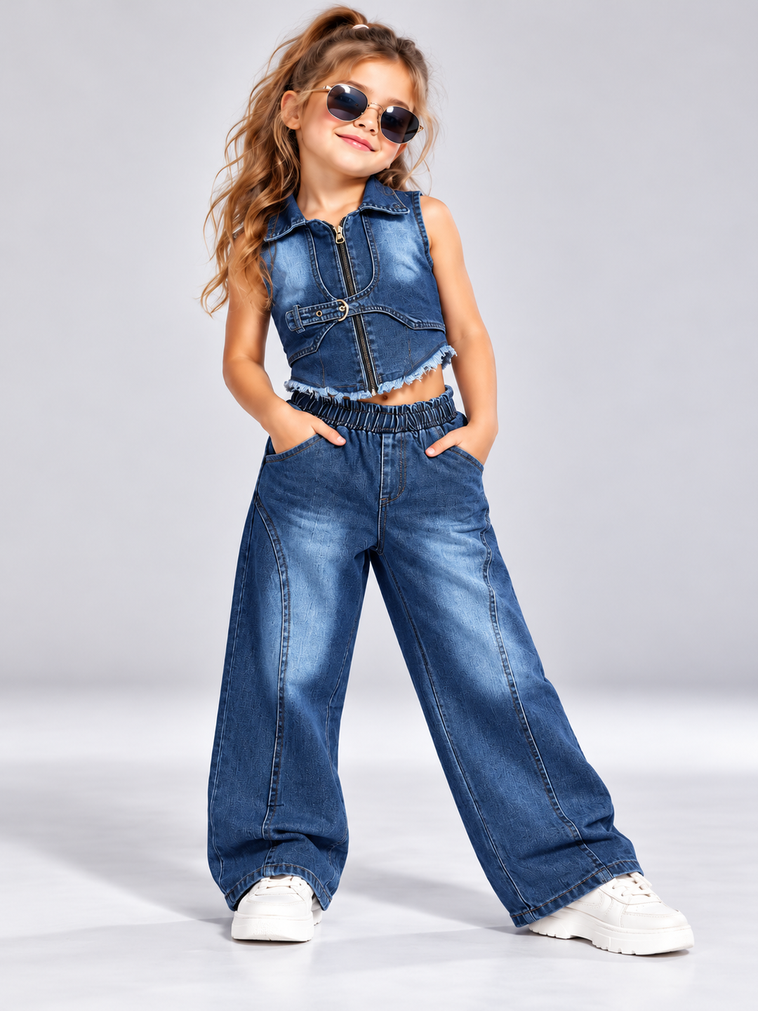 Girls 3 Piece Medium Blue Denim Co-Ord Set [GCS-5J-0460] (4-12Years)
