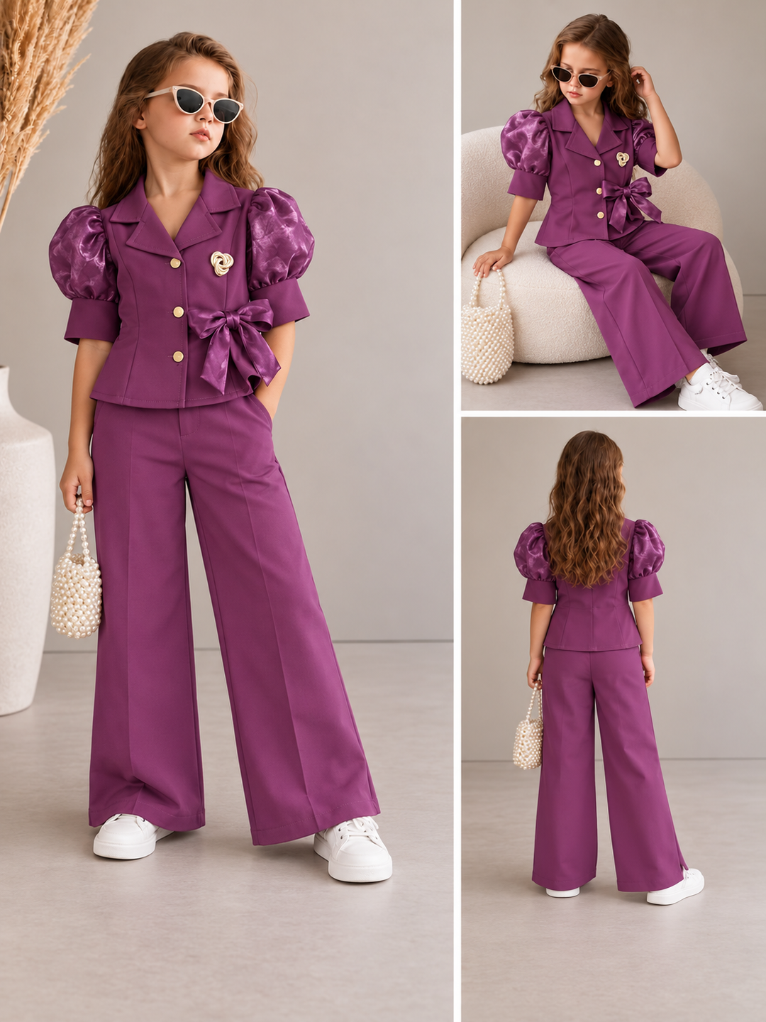 Girls Magenta Luxe Puff Sleeves Co-Ord Set [GCS-3B-3547] (4-12 Years)