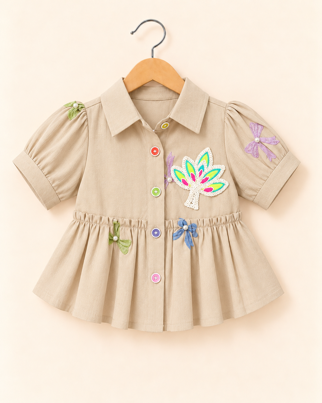 Girls Beige Bow Charm Peplum Shirt [ONLY TOP] [GT-N-0978] [4-12 Year ]