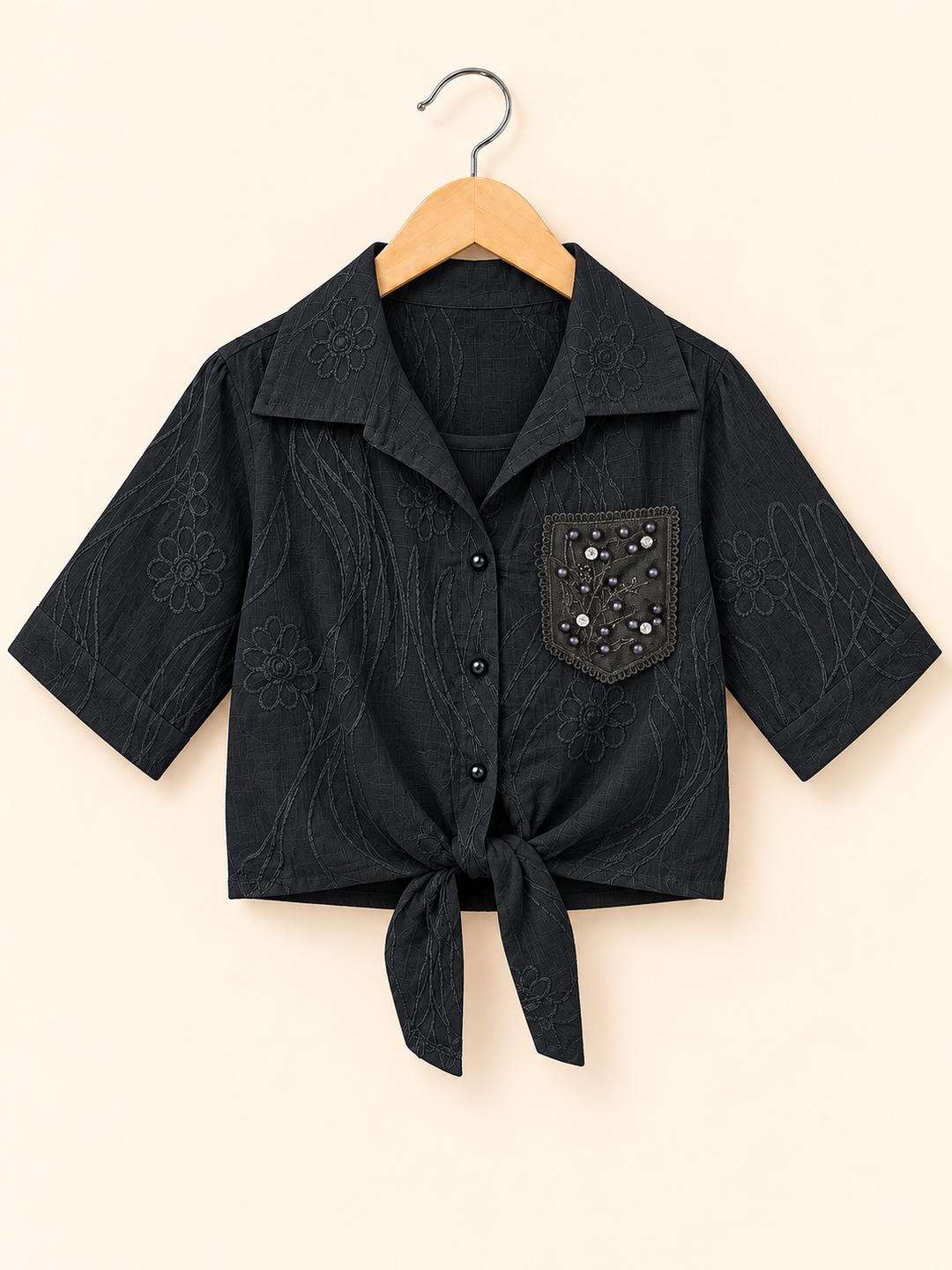 Girls Black Pearl Tie-Knot Shirt With Inner [ONLY TOP] [GT-6K-0451] [4-12 year]