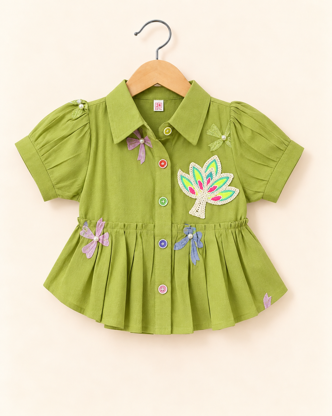 Girls Green Bow Charm Peplum Shirt [ONLY TOP] [GT-L-5977] [4-12 Year ]