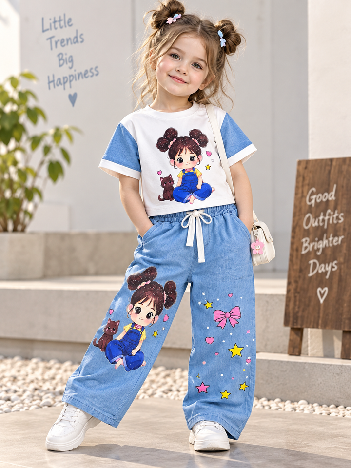 Girl's White Cartoon Denim Co-Ord Set [GCS-3C-4591] (3-12 Years)