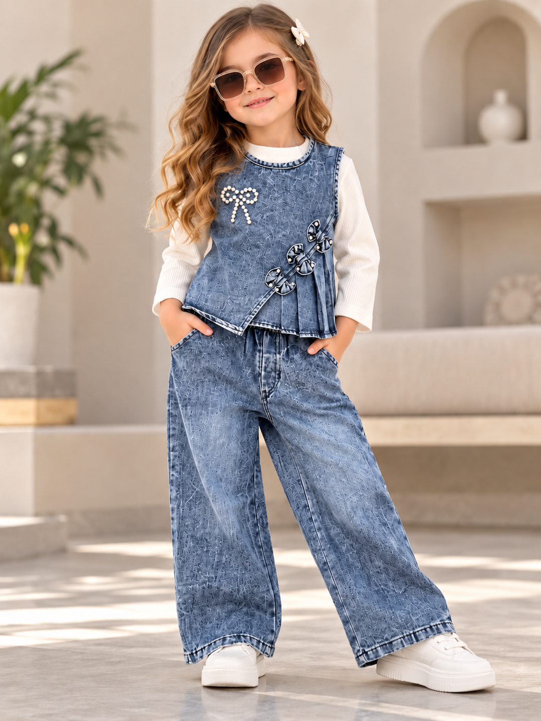 Girls Pearl Bow 3 Piece Dark Blue Denim Co-Ord Set [GCS-5E-1255] (4-12Years)