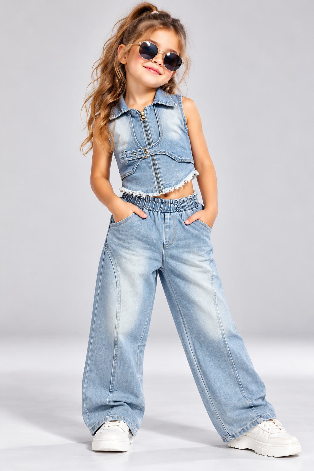 Girls 3 Piece Light Blue Denim Co-Ord Set [GCS-1J-4637] (4-12Years)