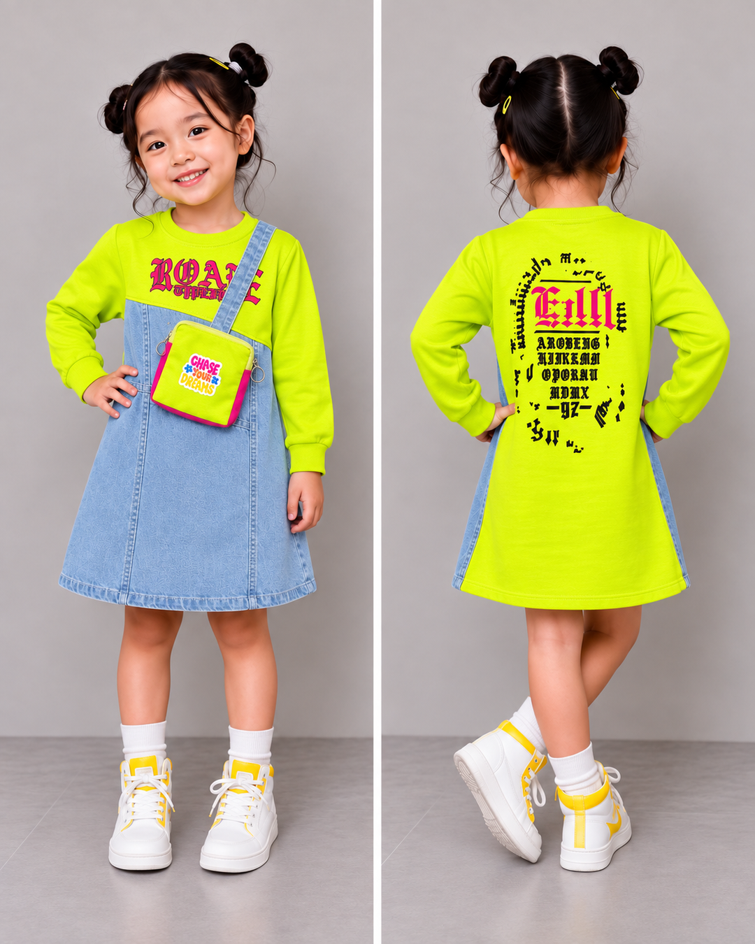 Girls Green Denim Dress With Back Print [GD-2A-4512] (3-11 Years)