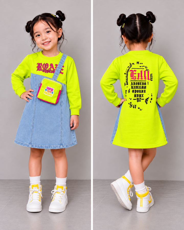 Girls Green Denim Dress With Back Print [GD-2A-4512] (3-11 Years)