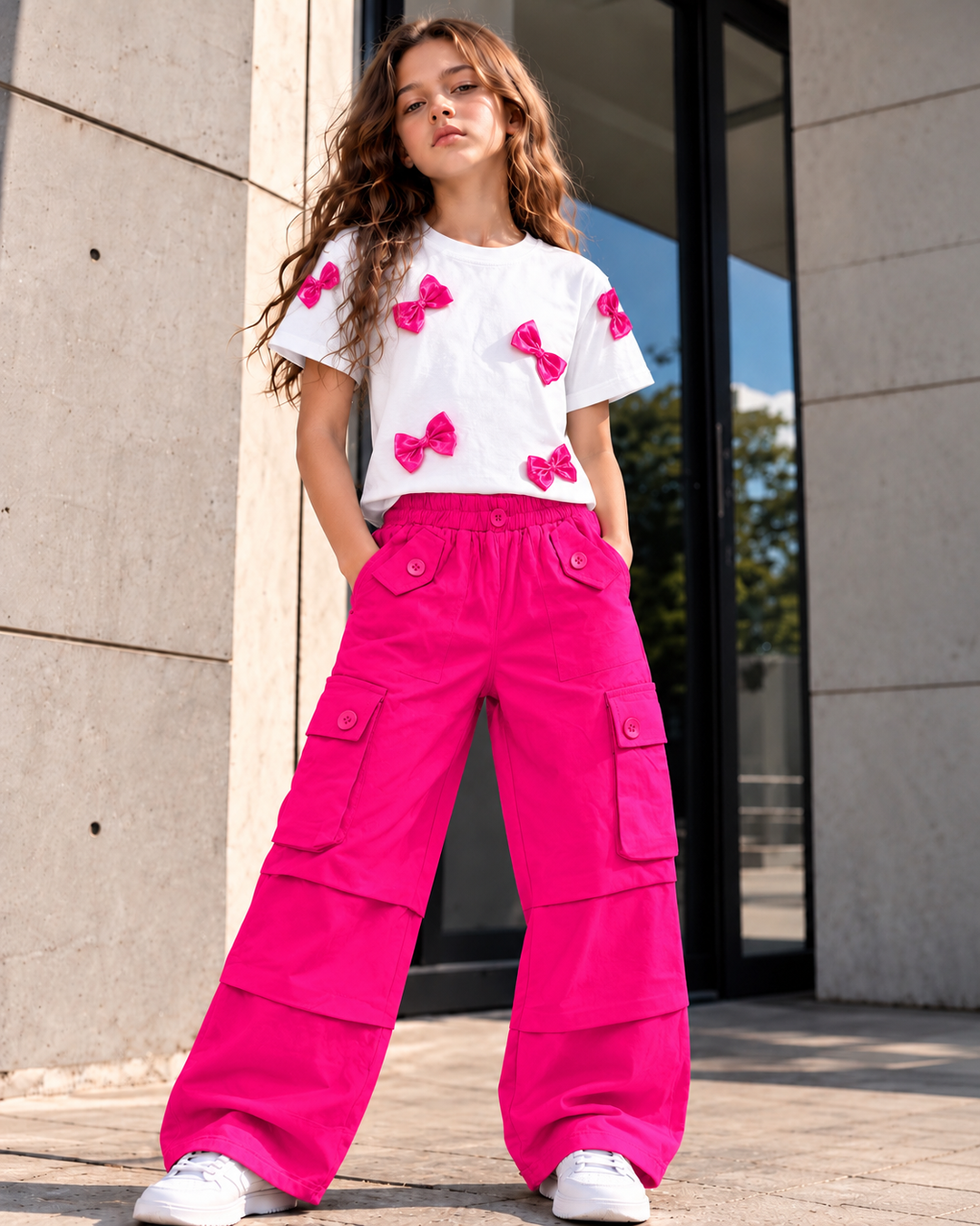 Girls Hot Pink Bow Cargo Co-Ord Set [GCS-2H-0647] (4-12 Years)