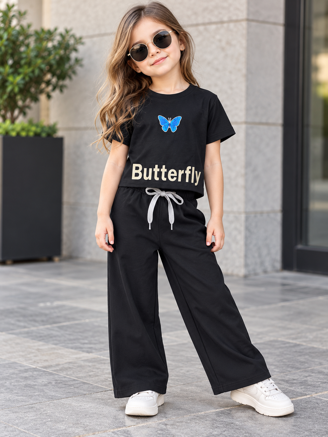Girls Black Butterfly Print Co-Ord Set [GCS-2C-2801] (4-12 Years)