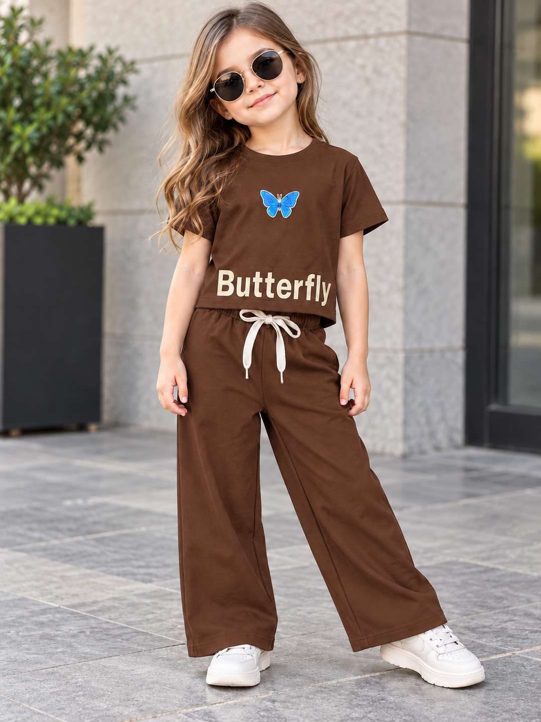 Girls Brown Butterfly Print Co-Ord Set [GCS-6C-8052] (4-12 Years)
