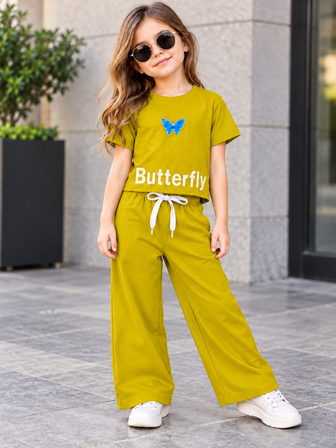Girls Mustard Yellow Butterfly Print Co-Ord Set [GCS-4E-3592] (4-12 Years)